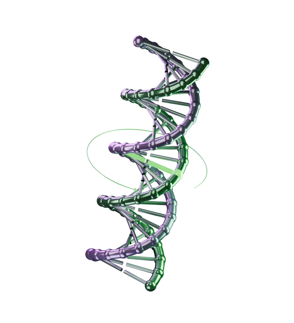 Sculptural DNA double helix with jade and violet metal backbones. The illustrative ALDH2 rs671 marker, G to A, is highlighted in luminous green.